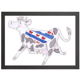 A framed wall art print featuring a whimsical illustration of a cow with a Frisian flag design. The cow has a distinctive spotted pattern and is depicted in a playful, stylized manner.