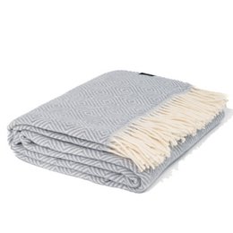  A light blue and white plaid throw blanket with a diamond pattern. The throw is made of wool and has fringe along the edges.