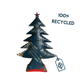  Blue recycled metal Christmas tree statue, tall tiered design with red base, 64cm height, festive decoration.