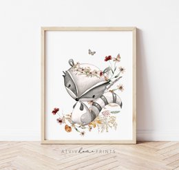 Impresión de vivero de mapache, póster de mapache, impresión de vivero floral, póster de animales del bosque, impresión de flores silvestres, póster de vivero de niñas, habitación de niñas