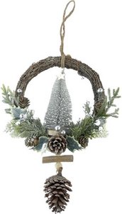 Rotan kerstkrans - White berry | ø 39 cm | Decoratieve kerstkans gemaakt uit rotan en dennenappels met kerstboom | Wit