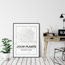 Poster featuring a map of Jouw Plaats, Nederland. The poster has a minimalist, black and white design with a simple map outline and the location name. This poster would be suitable for home or office decor, highlighting the geographic location.