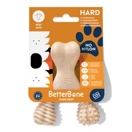  Hard chewing bones for dogs, made in Europe without nylon, CO2 neutrally produced.

The image shows a package of Betterbone dog chewing bones in the "Mini Hard Beef" variety. The product is described as being hard chewing bones for dogs, made in Europe without nylon, and produced in a CO2 neutral manner. The product is categorized as a pet toy.