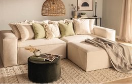 Beige chenille L-shaped sofa with removable and washable covers, suitable for 3 people.
