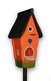  Colorful wooden birdhouse with black roof, orange red blue sections, multiple entry holes, garden bird villa.