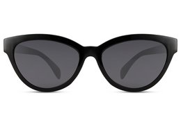 Black cat-eye sunglasses with dark tinted lenses, classic retro style frame design.