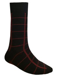 A pair of black socks with a grid-like pattern of red lines. The socks appear to be made of a soft, stretchy material and are designed for comfort and style.