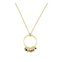 Gold and silver necklace with a circular pendant featuring colorful gemstones.