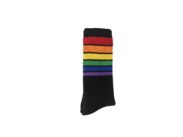 Striped socks in a variety of vibrant colors including red, orange, yellow, green, blue, and purple on a black background.