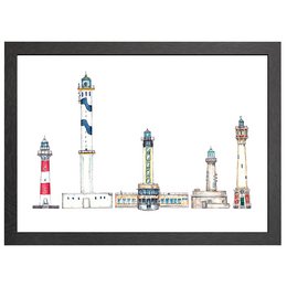 Framed wall art featuring a colorful illustration of lighthouses in Belgium. The poster showcases a variety of lighthouse designs in different sizes and styles, capturing the unique architectural elements of these coastal landmarks.