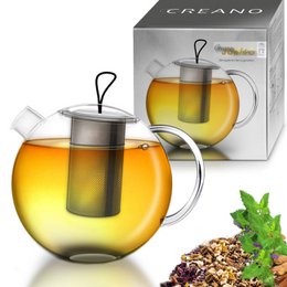 Large glass teapot with black lid, 2 liter capacity, for brewing loose leaf tea.