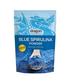 Blue spirulina powder, organic, 75g, from Dragon Superfoods. Vibrant blue color, nutrient-rich superfood.