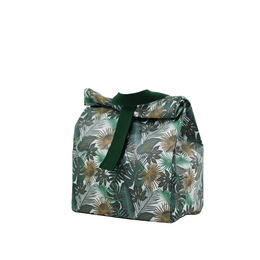 Tropical-themed lunch bag made of durable, water-resistant material with a zippered closure and adjustable strap for easy carrying.