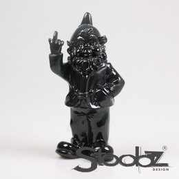  Black ceramic figurine of a gnome-like character with a long beard, wearing a hat and making a rude hand gesture.