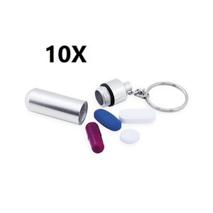 10 X DISCREETLY DESIGNED PILL CASE KEYCHAIN WITH ALUMINUM BODY, IN GLOSSY FINISH AND WITH SCREW-ON LOCK. 1 COMPARTMENTx 5.2 x cm | 1.4 Ø