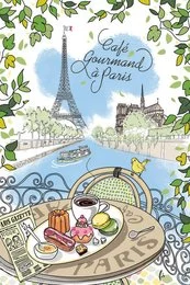 Ecru tea towel featuring a Parisian-inspired illustration with the Eiffel Tower, a cafe scene, and decorative leaves. The towel measures 48 x 72 inches.
