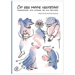 Colorful, whimsical illustrations of various animals on the cover of a reading book titled "Op een mooie lenterdag" (On a Beautiful Spring Day).