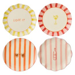  Assorted dinner plates in vibrant colors and patterns, including stripes, hearts, and text. The plates appear to be part of a coordinated tableware set, suitable for casual dining or entertaining.