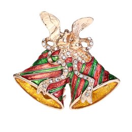 Decorative brooch with Christmas bells design, featuring a gold-tone metal frame, red and green enamel accents, and sparkling rhinestones. Suitable for holiday attire or as a festive accessory.