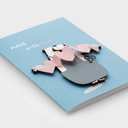  Wooden bear love card, handmade romantic greeting, blue card, pink wood bears, cute animal design