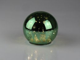Green glass LED ball with forest design, 10cm x 9cm, sold in a set of 6 for Christmas lighting.