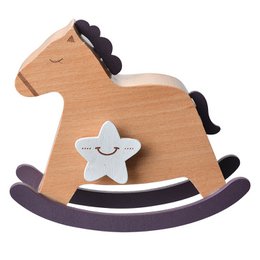  Wooden rocking horse toy in beige and blue colors, with a star-shaped decoration, suitable for children's room decor or as a gift.