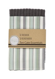 Two-pack of grey and natural striped kitchen towels made of cotton.