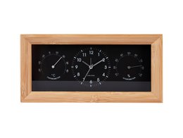  Rectangular wooden alarm clock with black face displaying time, temperature, and weather icons.