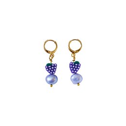  "Purple freshwater pearl with grapes huggie earrings by Ifemi Jewels. Drop earrings with purple and blue polka dot heart charms and white pearls."

The product is a pair of drop earrings featuring purple freshwater pearls and grapes. The earrings have a polka dot heart charm in shades of blue and purple, as well as a white pearl accent. The overall style is whimsical and feminine.
