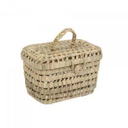  Handwoven palm leaf storage basket with lid, ideal for organizing and storing items in a child's room or nursery.