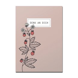 Postcard with illustration of wild strawberries and the text "Denk an dich" (Think of yourself) in German. The postcard is in a light pink color with a simple, hand-drawn style illustration.