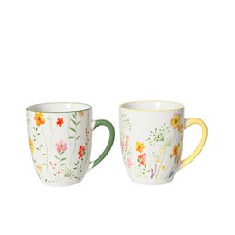  Porcelain mug with colorful floral flowers pattern, cream white background, ceramic cup with handle.