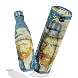 Colorful thermos bottle featuring a portrait of Vincent Van Gogh. The bottle is insulated to keep contents warm for 12 hours and has a capacity of 500ml.