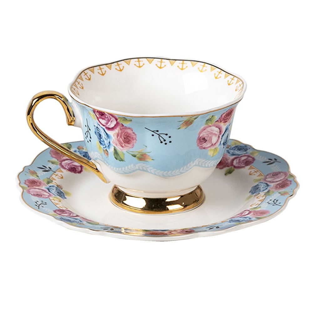 Kop en Schotel 160 ml Blauw Wit Porselein Bloemen Servies