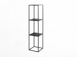 Tall black metal shelving unit with 3 open shelves, suitable for storage or display.