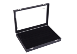 Large black jewelry box with glass lid for storing cufflinks, rings, and other accessories.