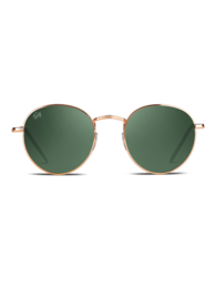  Round gold-framed sunglasses with dark green lenses. Classic retro style.
