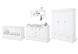 White wooden nursery furniture set including crib, changing unit, wardrobe, and wall shelf. Suitable for a baby's room.