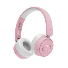 Pink Bluetooth headphones with Hello Kitty design, suitable for kids' musical toy use.