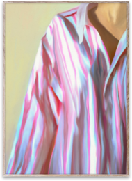 A colorful, abstract image of a shirt or fabric with vibrant pink, blue, and white stripes.