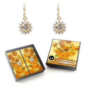 Gold plated earrings with glittering crystal stones, Van Gogh, Sunflowers