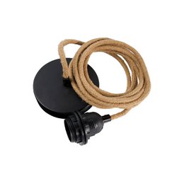 A natural black, 1-fitting pendant lighting fixture with a round, black base and a long, braided cord.