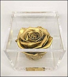 A gold-colored rose encased in a clear glass cube. The rose appears to be a preserved or stabilized flower, likely made by an artisan in Italy. The product is a decorative bowl or display piece.