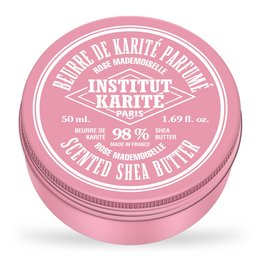 A 50 mL jar of rose-scented shea butter from Institut Karite Paris. The product is described as 98% pure shea butter.
