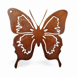 Rust-colored metal butterfly garden decoration, with filigree detailing and options to stake or hang. Measures 12 cm x 12 cm.