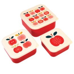 Set of 3 vintage-style snack boxes with apple graphics. Red and white color scheme. Rectangular shape with snap-on lids.