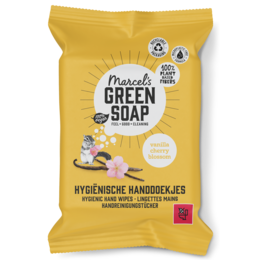 Hygienic hand wipes in a yellow package with green soap branding. The wipes are designed for hand sanitization and cleaning.