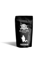 Dark roast coffee beans in a black package with a frog logo and the text "FROGMAN" printed on it.