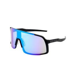 Sleek, sporty sunglasses with mirrored lenses in blue, gold, red, and black color options. Ideal for active lifestyles and outdoor activities.