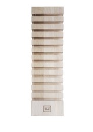 A tall, rectangular wooden display stand with multiple shelves for showcasing products.